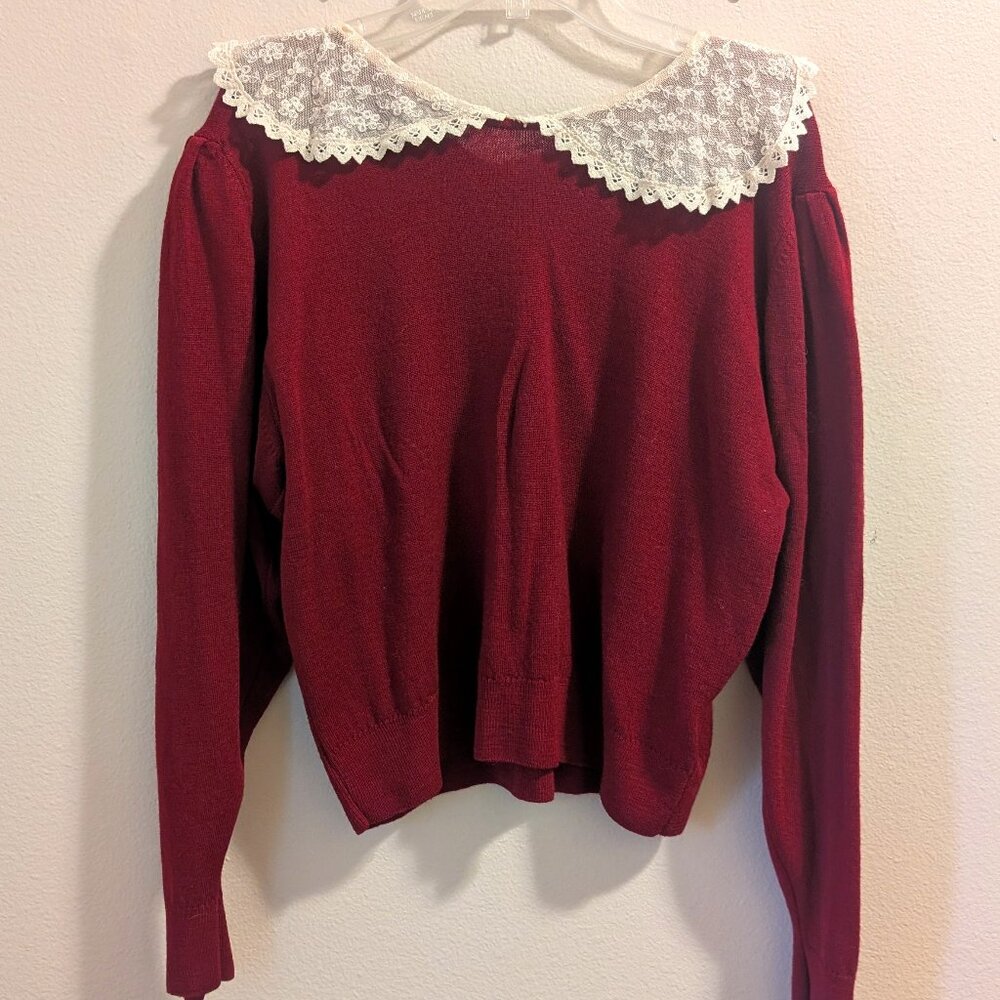 Vintage Lambswool Peter Pan Lace Collar Red Sweater